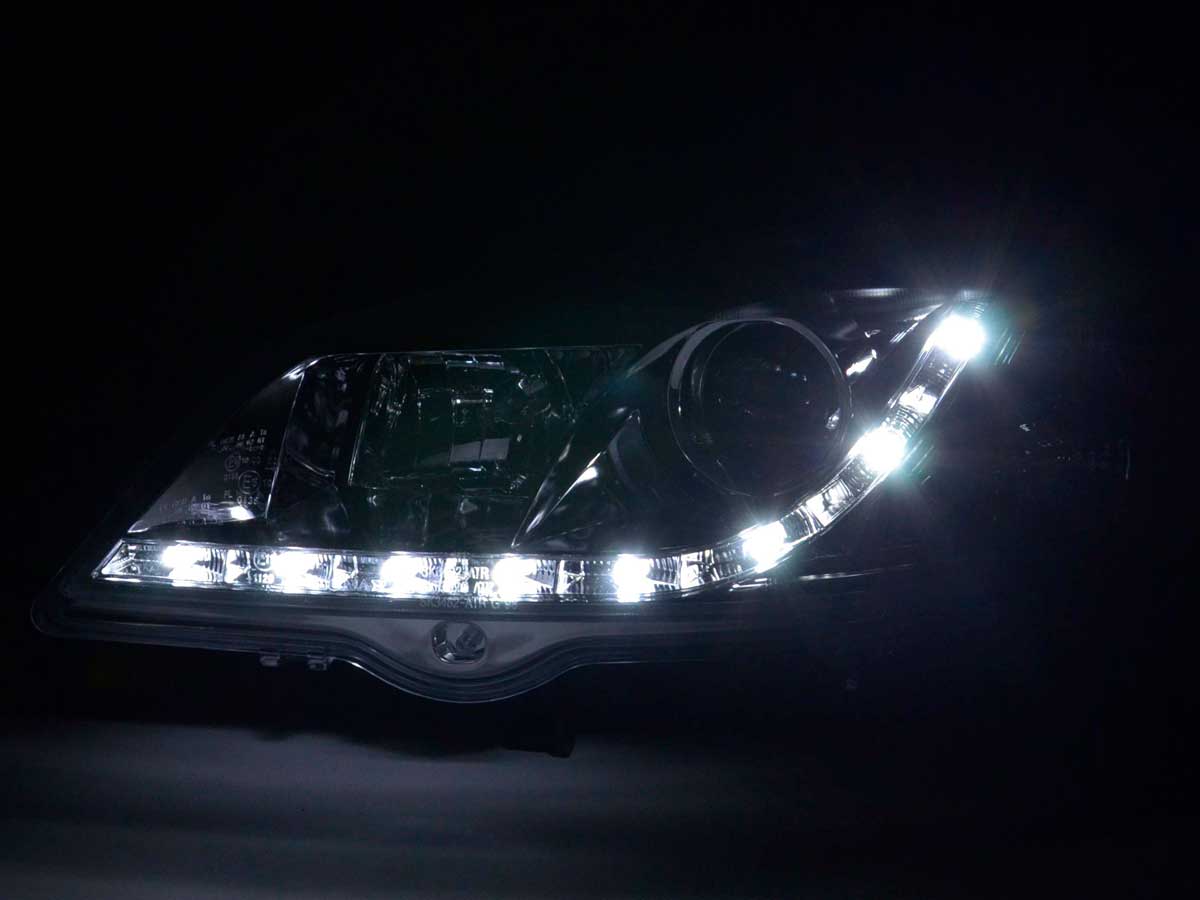 Scheinwerfer Set Daylight LED TFL-Optik Opel Astra F 95-97 schwarz Scheinwerfer Set Daylight LED TFL-Optik Opel Astra F 95-97 schwarz